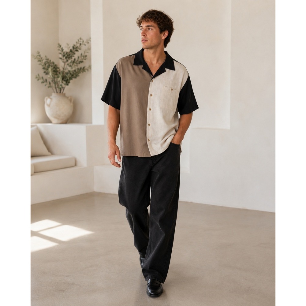 John Blair Colorblock Camp Shirt Tan Cream Black XL Rockabilly Bowling